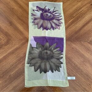 Elaine Gold Silk Scarf, Size 10x53, Purple and Green Floral Sheer Sunflowers